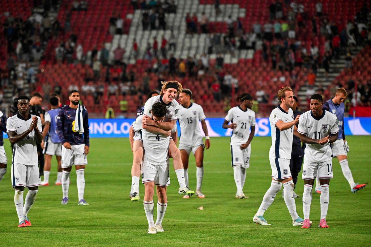 England players celebrate after winning the 2026 FIFA World Cup European Qualifiers Group K football match between Serbia and England, at the Rajko Mitic Stadium in Belgrade, on September 9, 2025. - AFPPIX