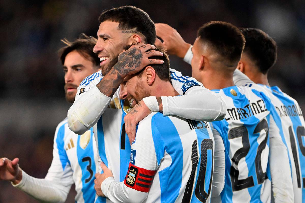 Argentina’s forward #10 Lionel Messi (C) celebrates with teammates after scoring his second goal during the 2026 FIFA World Cup South American qualifiers football match between Argentina and Venezuela at the Mas Monumental stadium. AFPPix