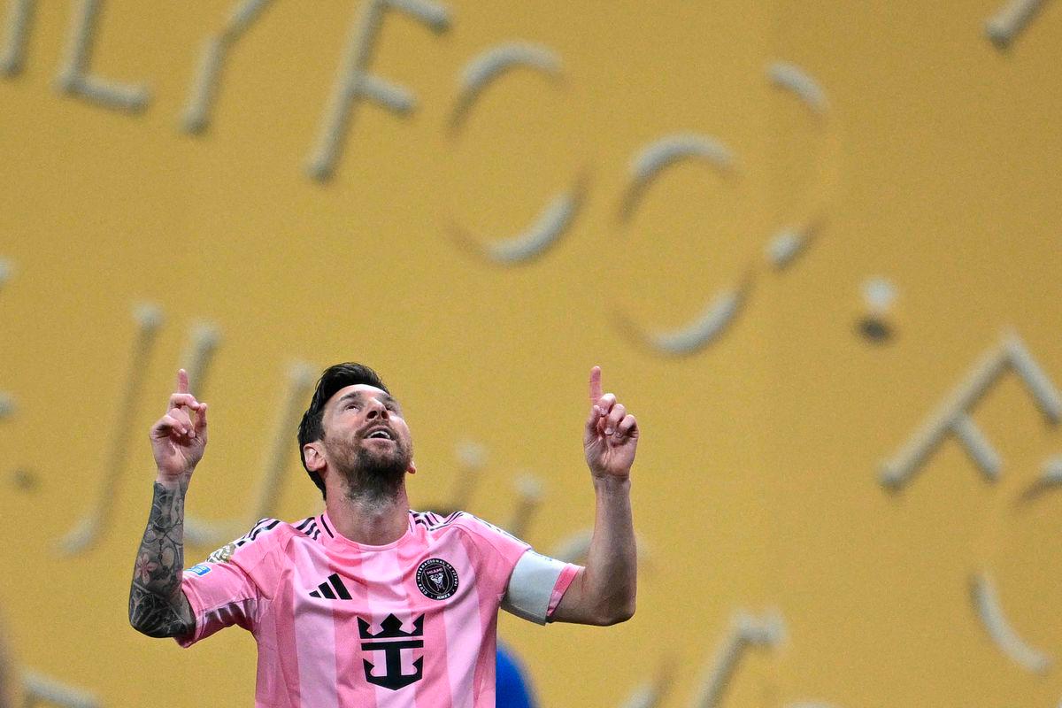 Inter Miami’s Argentine forward #10 Lionel Messi celebrates after scoring a goal during the FIFA Club World Cup 2025 Group A football match between US Inter Miami and Portugal’s FC Porto at the Mercedes-Benz stadium in Atlanta on June 19, 2025.