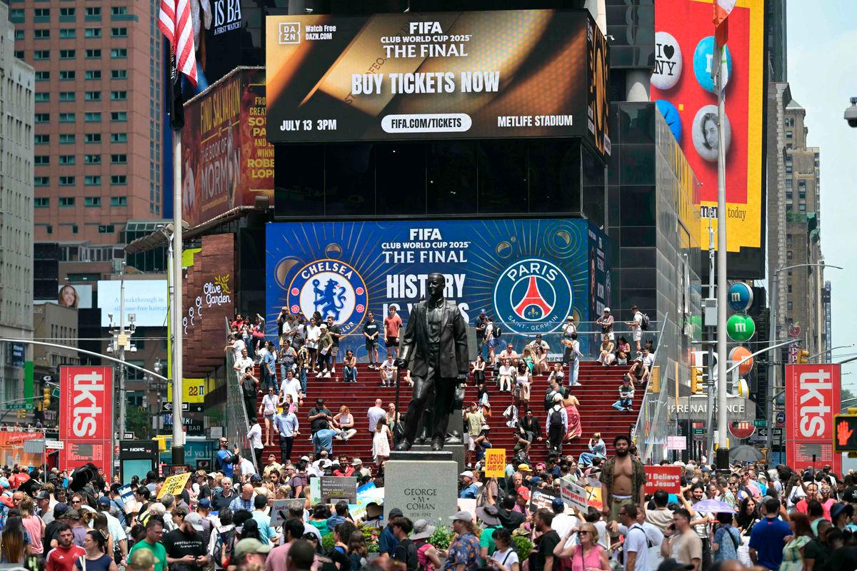 Advertising for the FIFA Club World Cup final match between France’s Paris Saint Germain and England’s Chelsea is displayed on a screen at Times Square in New York on July 12, 2025 - Photo by JUAN MABROMATA / AFP