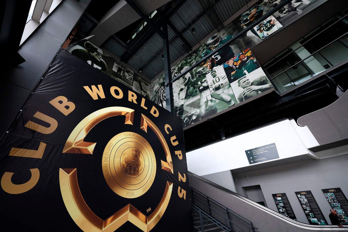 A FIFA Club World Cup sign is pictured inside the Lincoln Financial Field stadium in Philadelphia on June 13, 2025, ahead of the FIFA Club World Cup. AFPpix