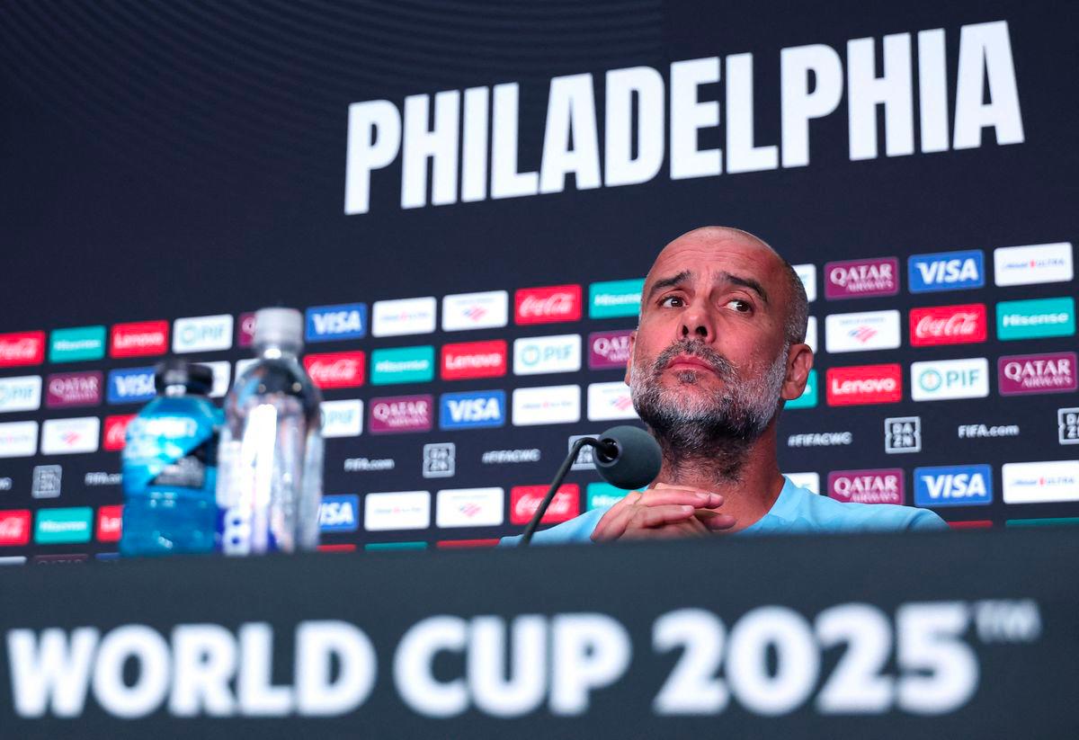 Manchester City's Spanish head coach Pep Guardiola attends a press conference at the Lincoln Financial Field stadium in Philadelphia on June 17, 2025 on the eve of the FIFA Club World Cup 2025 Group G football match between England's Manchester City and Morocco's Wydad AC. - AFPPIX