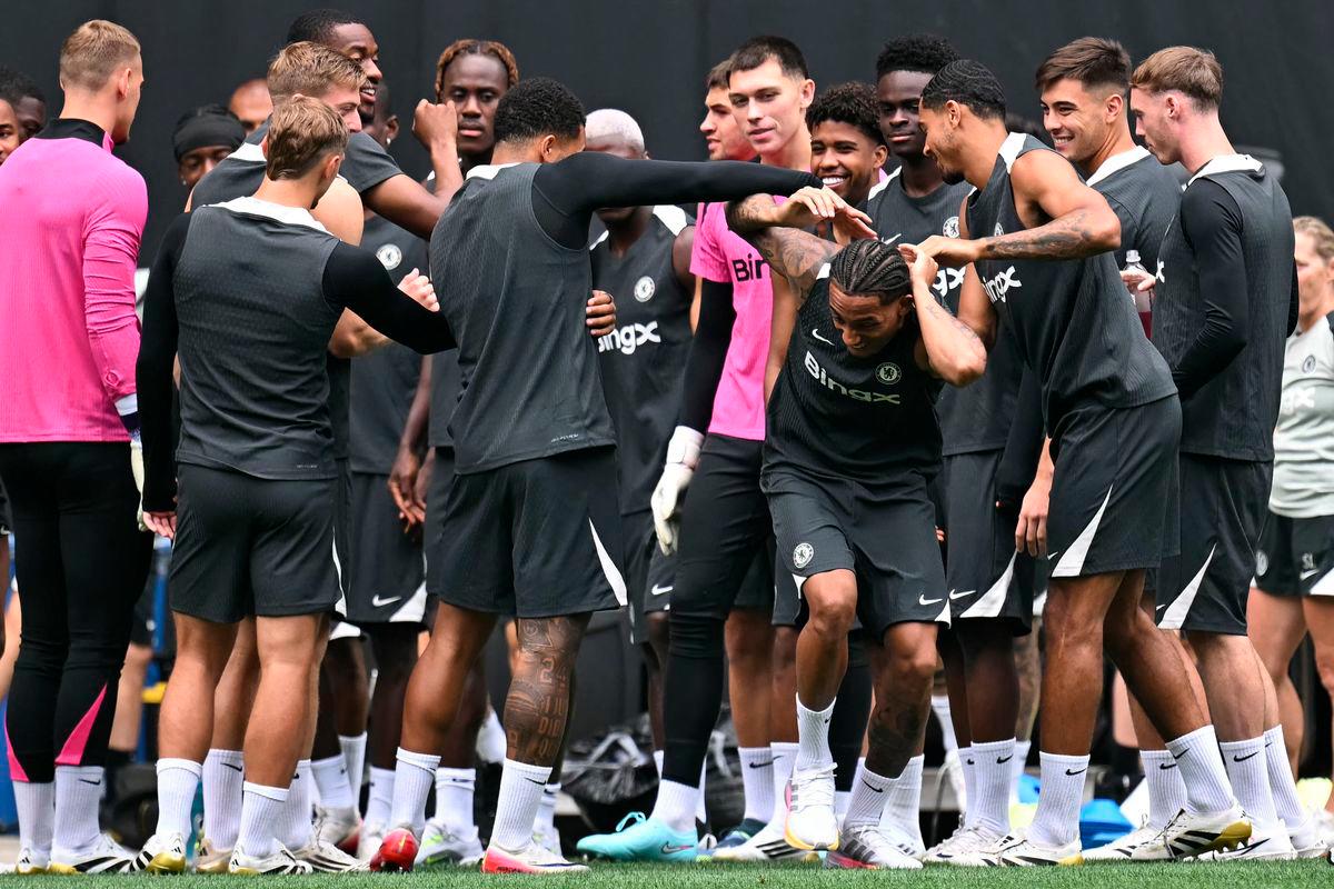Chelsea’s Brazilian forward #20 Joao Pedro (C) laughs during a training session at the Harrison Stadium in East Rutherford, New Jersey - AFPPix