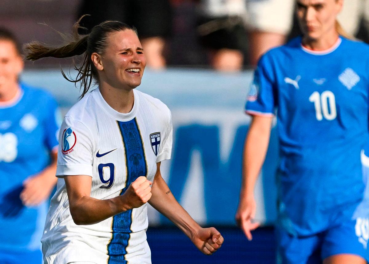 Finland’s midfielder #09 Katariina Kosola (L), next to Iceland’s midfielder #10 Dagny Brynjarsdottir (R) celebrates after she scored her team’s first goal during the UEFA Women’s Euro 2025 Group A football match between Iceland and Finland at the Arena Thun stadium in Thun on July 2, 2025-AFP