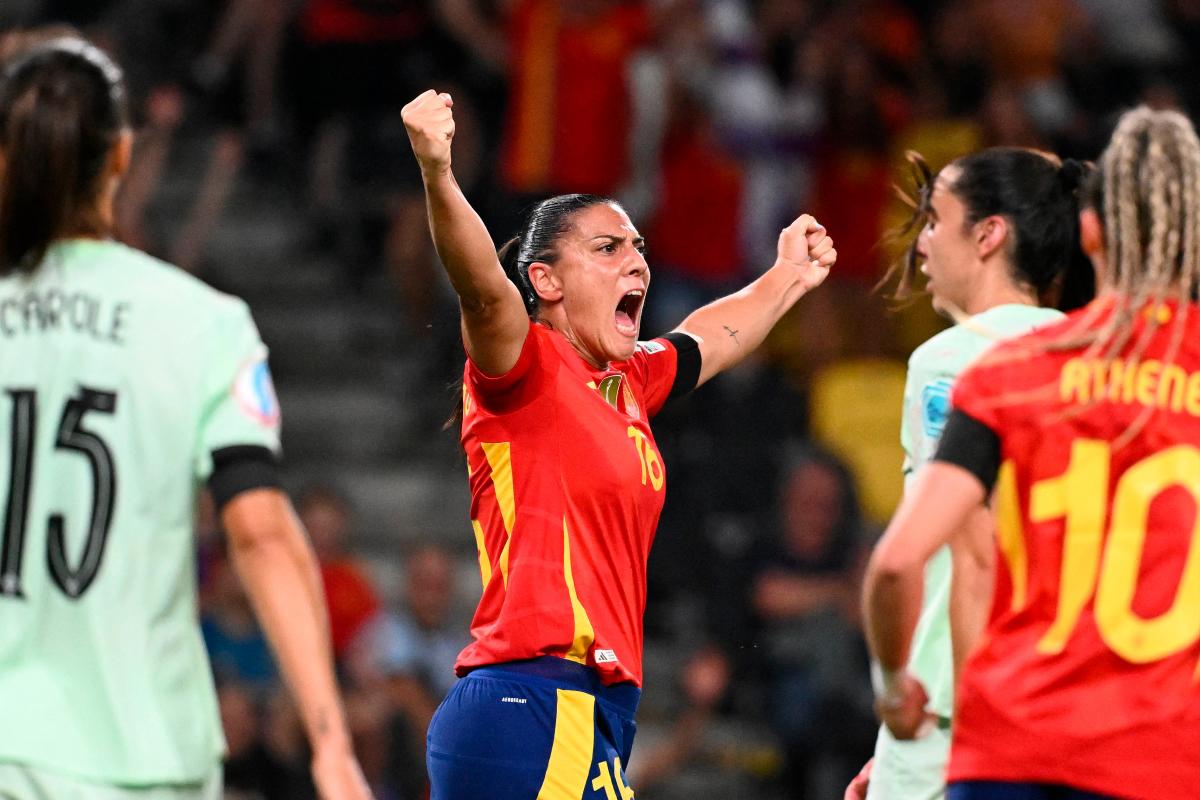 Spain’s forward #16 Cristina Martin-Prieto (C) celebrates after she scored her team’s fifth goal during the UEFA Women’s Euro 2025 Group B football match between Spain and Portugal at the Wankdorf stadium in Bern, on July 3, 2025 - AFP