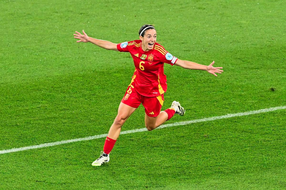 Spain's midfielder #06 Aitana Bonmati celebrates after scoring Spain's first goal during the UEFA Women's Euro 2025 semi-final football match between Germany and Spain at the Letzigrund Stadium in Zurich, on July 23, 2025. - AFPPIX