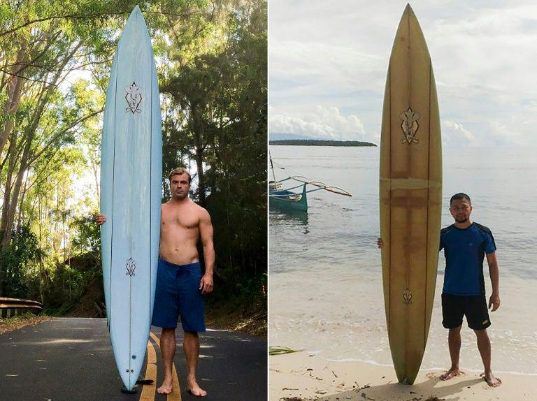 When Doug Falter (Left) lost his board in a wipeout in Hawaii two years ago, he never imagined it would be found in the remote island of Sarangani in the southern Philippines, where it is now owned by local primary school teacher Giovanne Branzuela (Right). — AFP