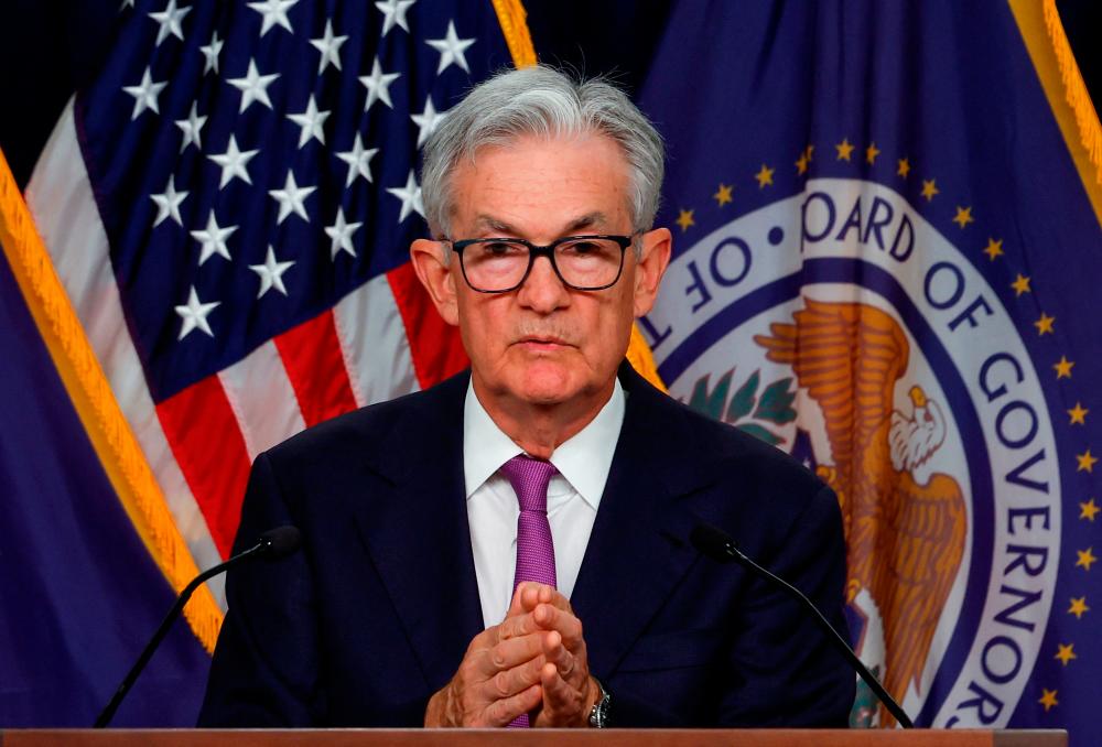 Powell speaking at a press conference after the release of the Fed policy decision to leave interest rates unchanged in Washington on Wednesday. – Reuterspic