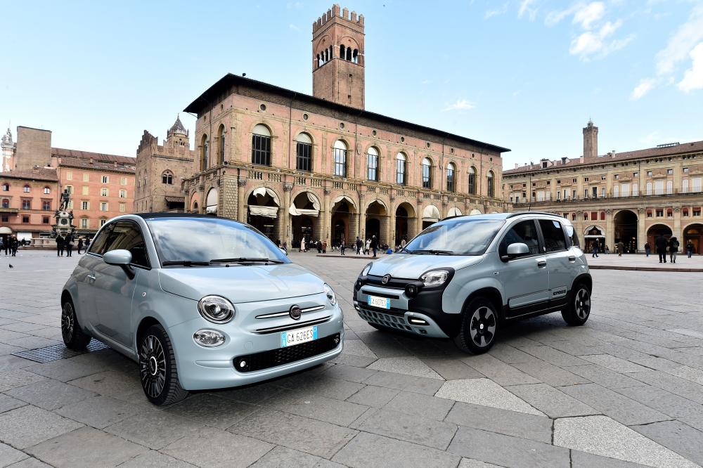 Fiat Panda and Fiat 500 mild-hybrid cars are seen in piazza Maggiore, in Bologna, Italy, on Feb 4, 2020. Fiat Chrysler eked out a net profit of just €24 million last year. – REUTERSPIX