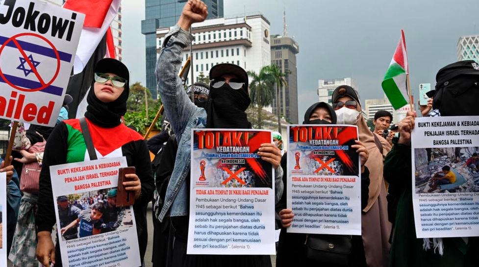 Indonesians shouted anti-Israel slogans over its participation in the tournament at a Jakarta march. AFPPIX