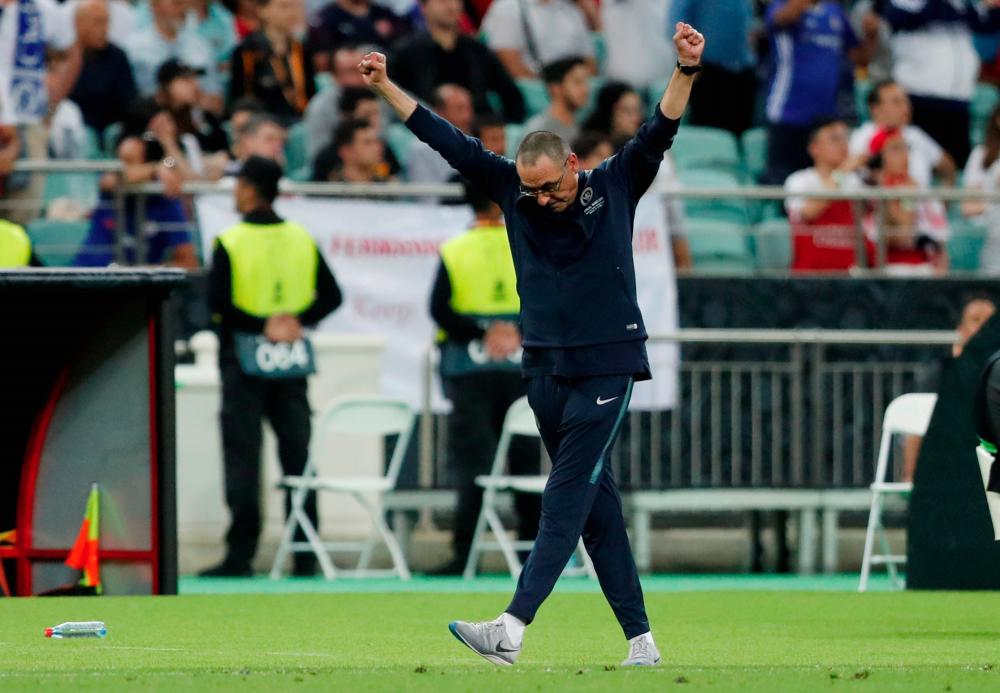 Chelsea manager Maurizio Sarri celebrates after winning the Europa League. - Reuters