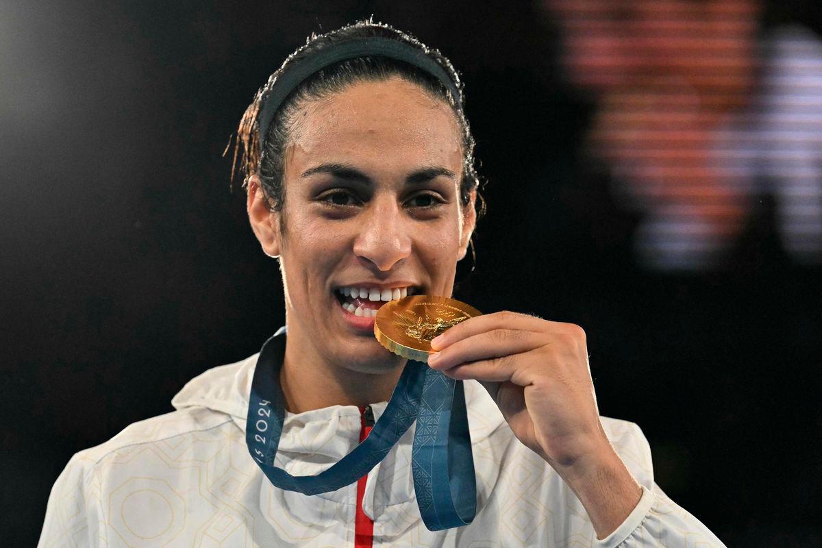 FILEpix: Gold medallist Algeria’s Imane Khelif poses on the podium during the medal ceremony for the women’s 66kg final boxing category during the Paris 2024 Olympic Games at the Roland-Garros Stadium. AFP