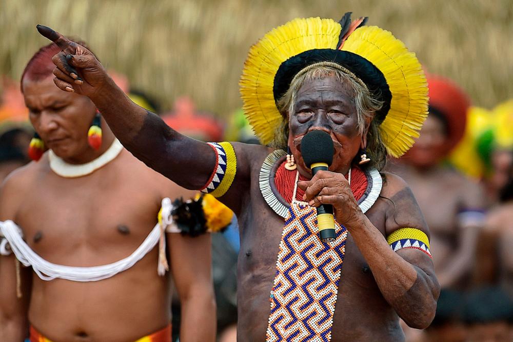 In this file photo taken on January 17, 2020 indigenous leader Cacique Raoni Metuktire of the Kayapo tribe, addresses members from different Brazilian tribes, in Piaracu village, near Sao Jose do Xingu, Mato Grosso state, Brazil. — AFP