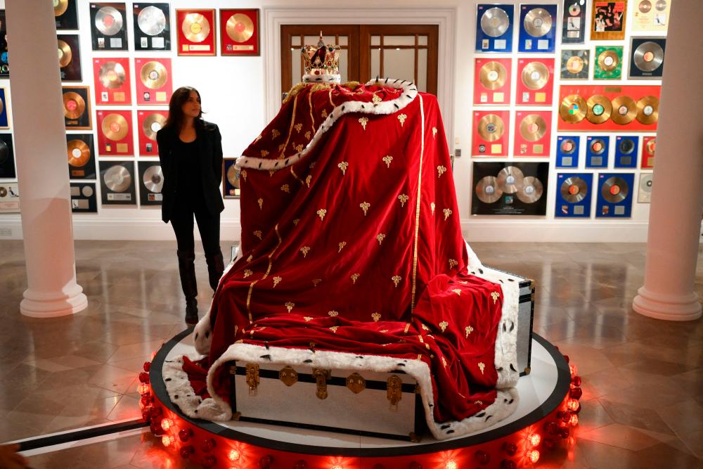 Freddie Mercury's signature crown and cloak ensemble, worn throughout Queen's 1986 'Magic' Tour, is pictured during a press preview ahead of the Freddie Mercury: A World of His Own auctions, at Sotheby's auctioneers in London on August 3, 2023. AFPPIX