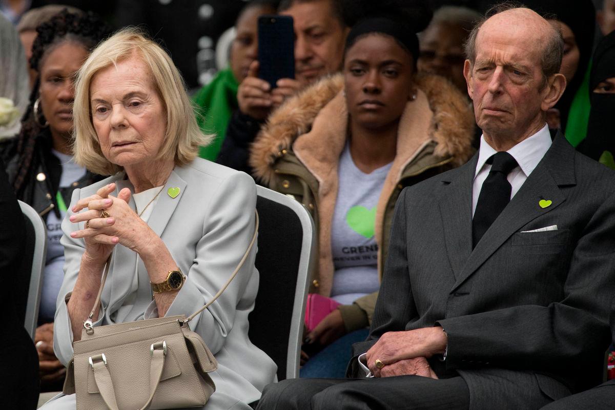 (FILES) The Duke and Duchess of Kent attend a service for the national minute silence and mosaic unveiling at the base of Grenfell Tower as part of commemorations on the anniversary of the Grenfell fire in west London on June 14, 2018. (Photo by Stefan Rousseau / POOL / AFP)