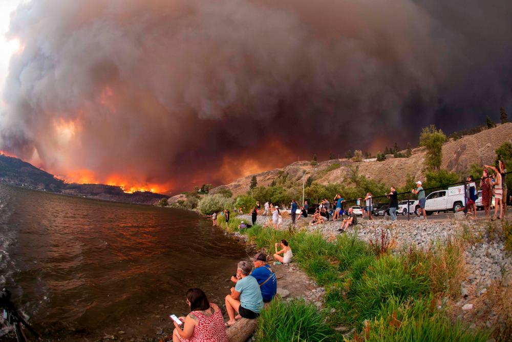 (FILES) Residents watch the McDougall Creek wildfire in West Kelowna, British Columbia, Canada, on August 17, 2023, from Kelowna. There are no droppings, no tracks, no nests or other traces of wildlife left in what remains of Canada's boreal forests scorched by record wildfires this year. AFPPIX