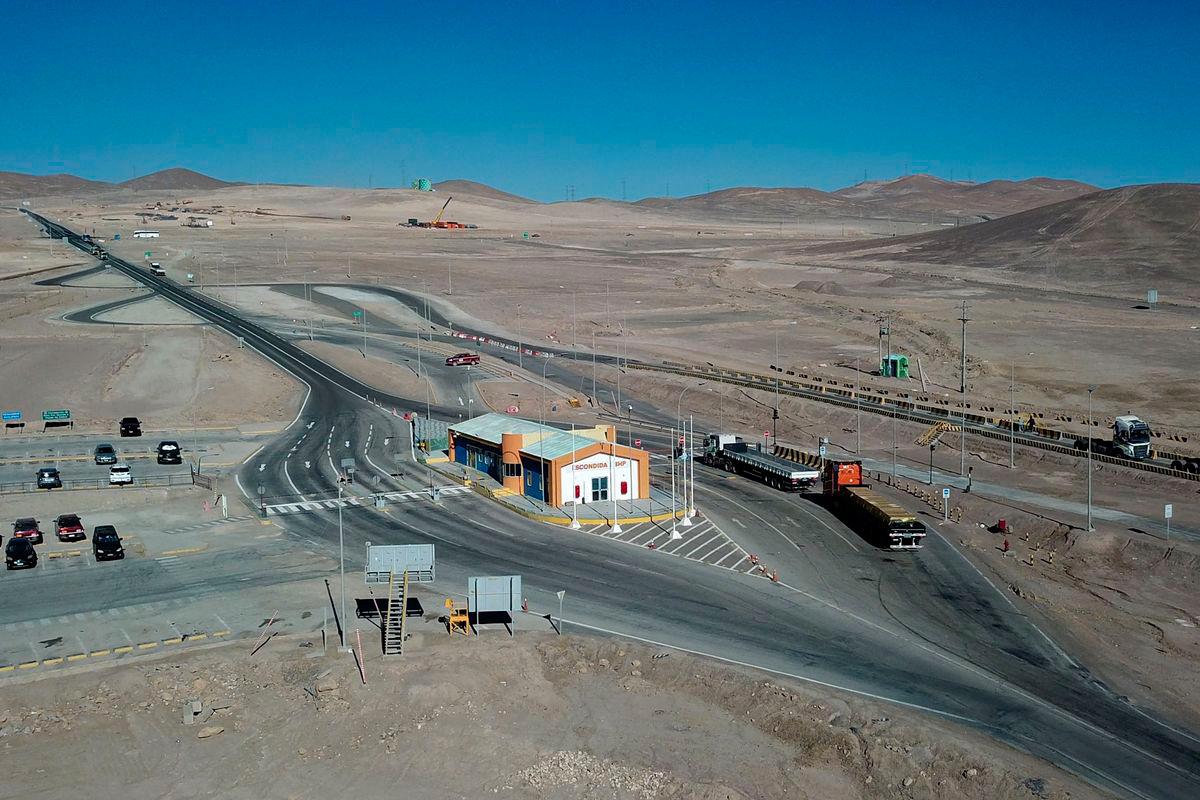 Aerial view of the entrance to La Escondida mine, the world's largest copper mine, where workers went on strike on August 13 after failing to reach a labour agreement with Australian group BHP, in La Escondida, Antofagasta Region, northern Chile, taken on August 14, 2024. - REUTERSPIX
