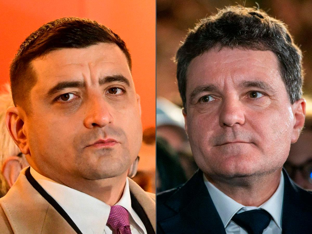 This combination created on May 5, 2025 of file pictures shows Romanian Presidential candidates, the leader of the far-right Alliance for the Union of Romanians (AUR) George Simion (L, as he addressed supporters in Bucharest on December 1, 2024), and pro-European Bucharest mayor and founder of the liberal Save Romania Union (USR) party Nicusor Dan (R).