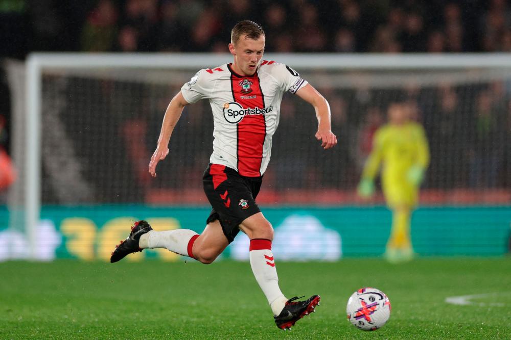 (FILES) Southampton's English midfielder James Ward-Prowse runs with the ball during the English Premier League football match between Southampton and Bournemouth at St Mary's Stadium in Southampton, southern England on April 27, 2023 - AFPPIX