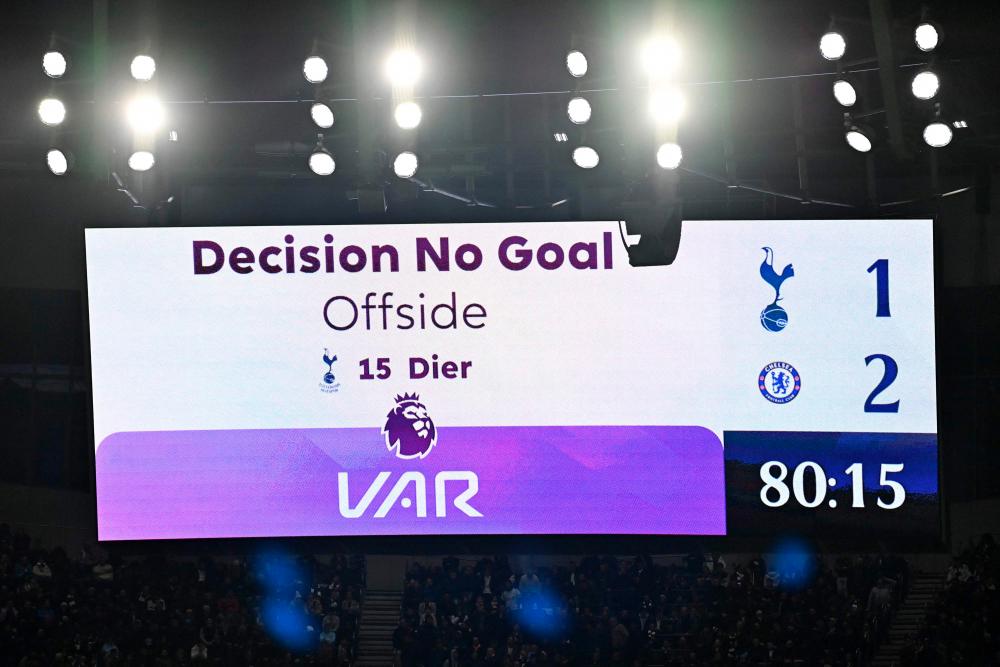 (FILES) A screen displays the 'No Goal' decision following a VAR review during the English Premier League football match between Tottenham Hotspur and Chelsea at Tottenham Hotspur Stadium in London, on November 6, 2023. - AFPPIX