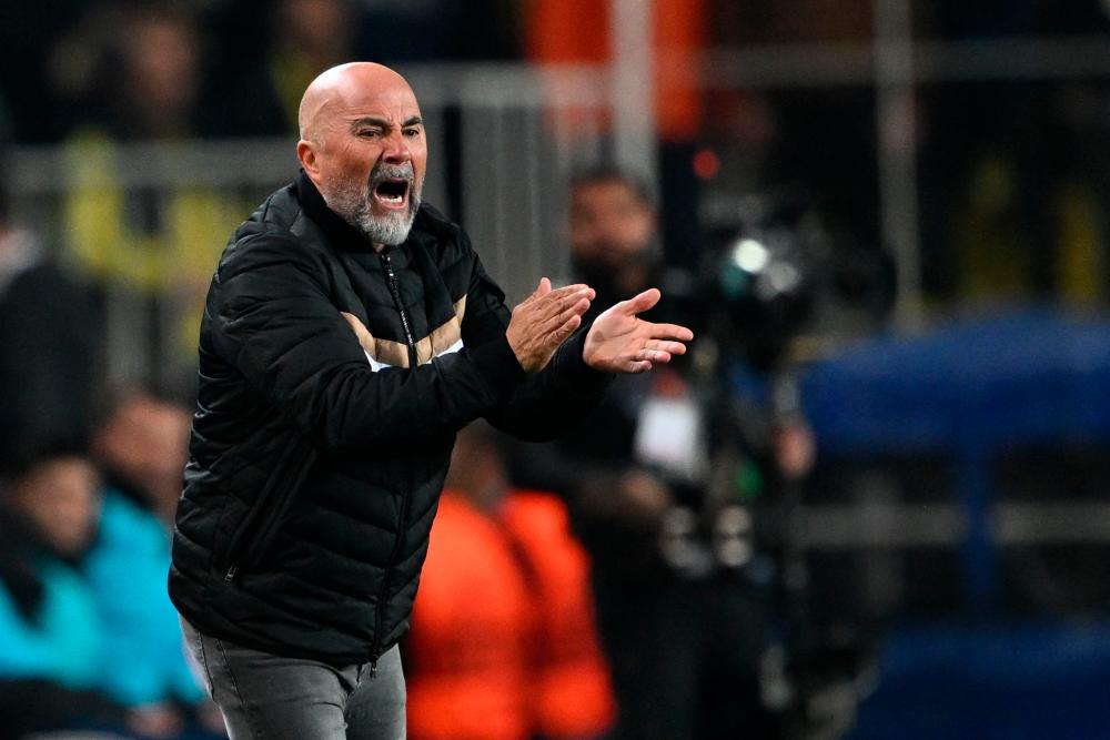 In this file photo taken on March 16, 2023, Sevilla’s Argentinian head coach Jorge Sampaoli gestures during the UEFA Europa League last 16 second leg football match between Fenerbahce SK and Sevilla FC at the Fenerbahce Ulker stadium in Istanbul/AFPPix