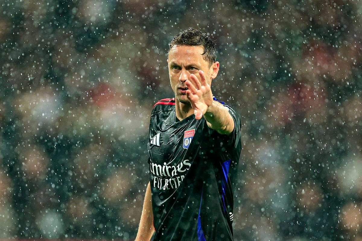 Lyon's Serbian midfielder #31 Nemanja Matic reacts during the French L1 football match between OGC Nice and Olympique Lyonnais (Lyon) at the Allianz Riviera Stadium in Nice, south-eastern France, on March 9, 2025. - AFPPIX