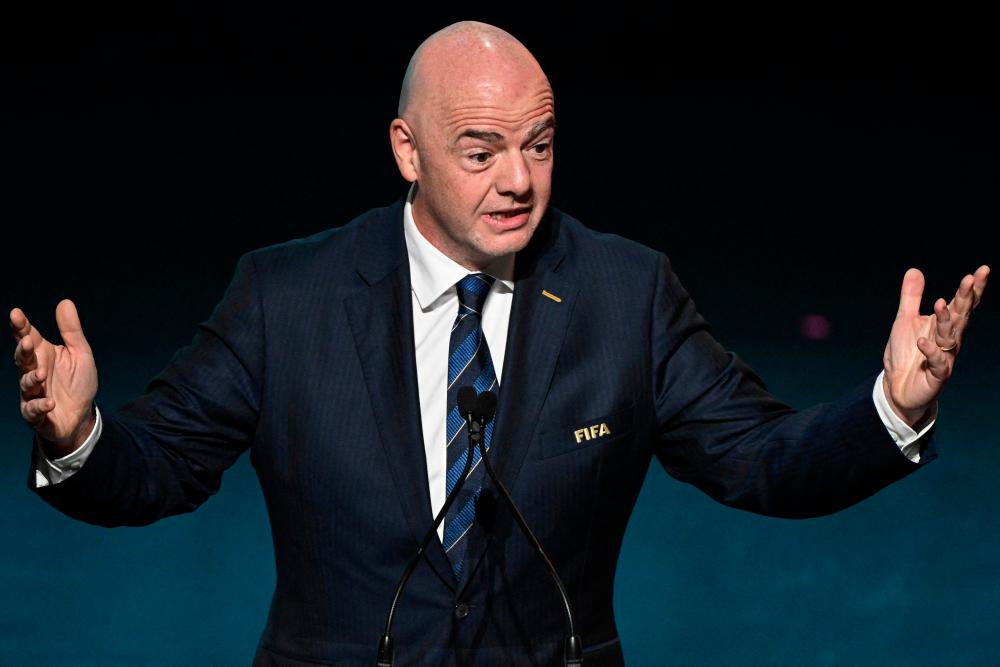In this file photo taken on October 22, 2022 FIFA president Gianni Infantino delivers a speech during the football draw ceremony for the Australia and New Zealand 2023 FIFA Women’s World Cup at the Aotea Centre in Auckland. AFPPIX