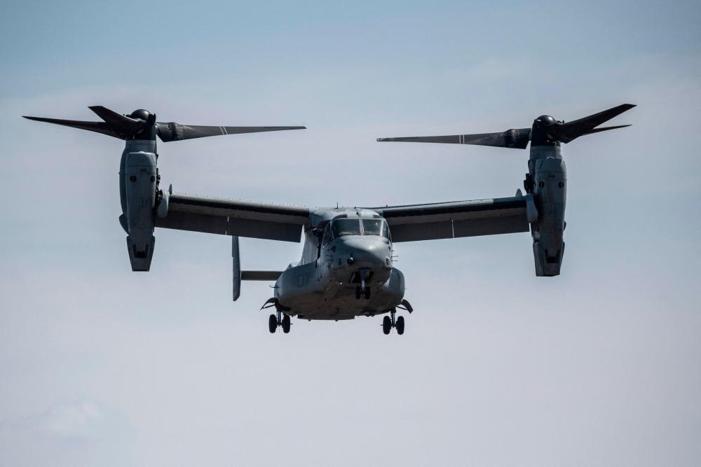 This file photo taken on March 15, 2022 shows a US Marine Corps MV-22 Osprey tilt-rotor aircraft landing during a joint exercise with Japanese Self Defense Forces members at the Higashifuji training area in Gotemba, Shizuoka Prefecture/AFPPix