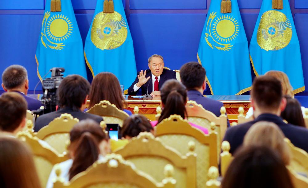 In this file photo taken on Sept 14, 2017 Kazakh President Nursultan Nazarbayev gestures during a press conference in Astana. — AFP