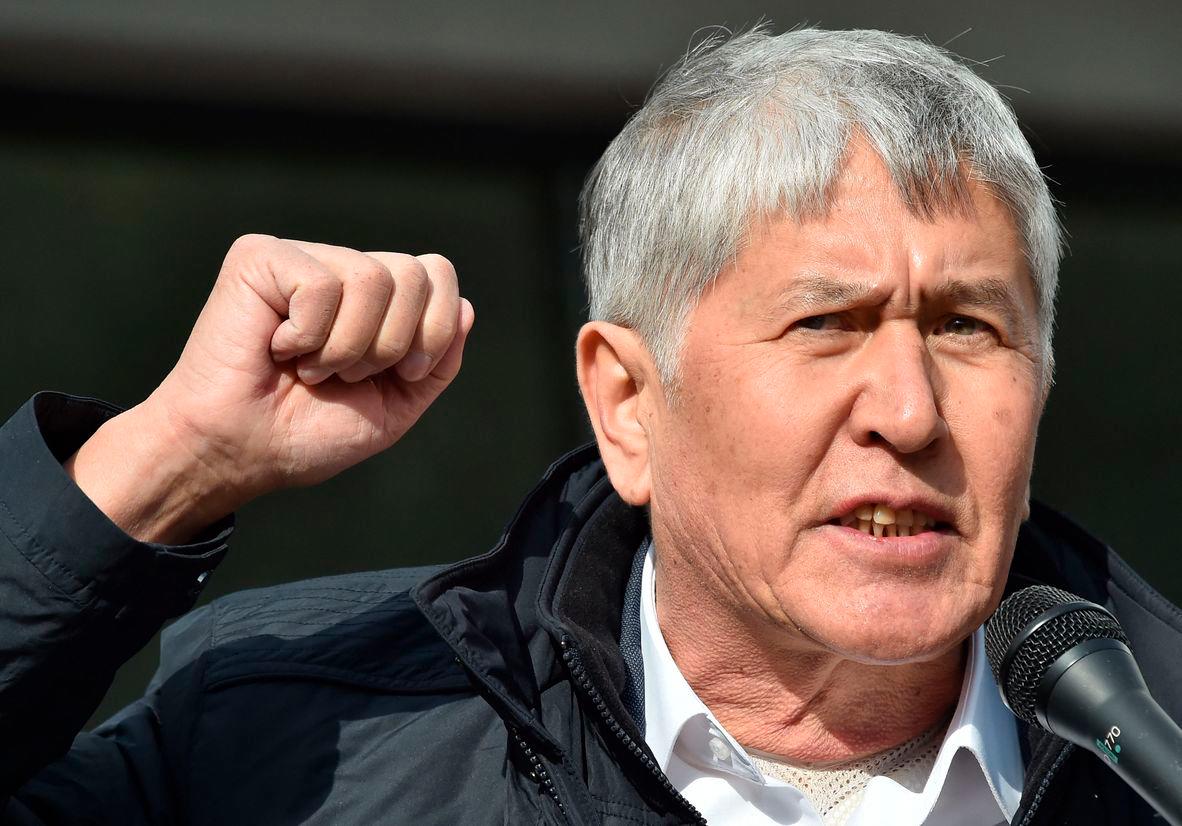 Former Kyrgyzstan President Almazbek Atambayev gestures as he addresses his supporters during a rally in Bishkek on October 9, 2020. (Photo by VYACHESLAV OSELEDKO / AFP)