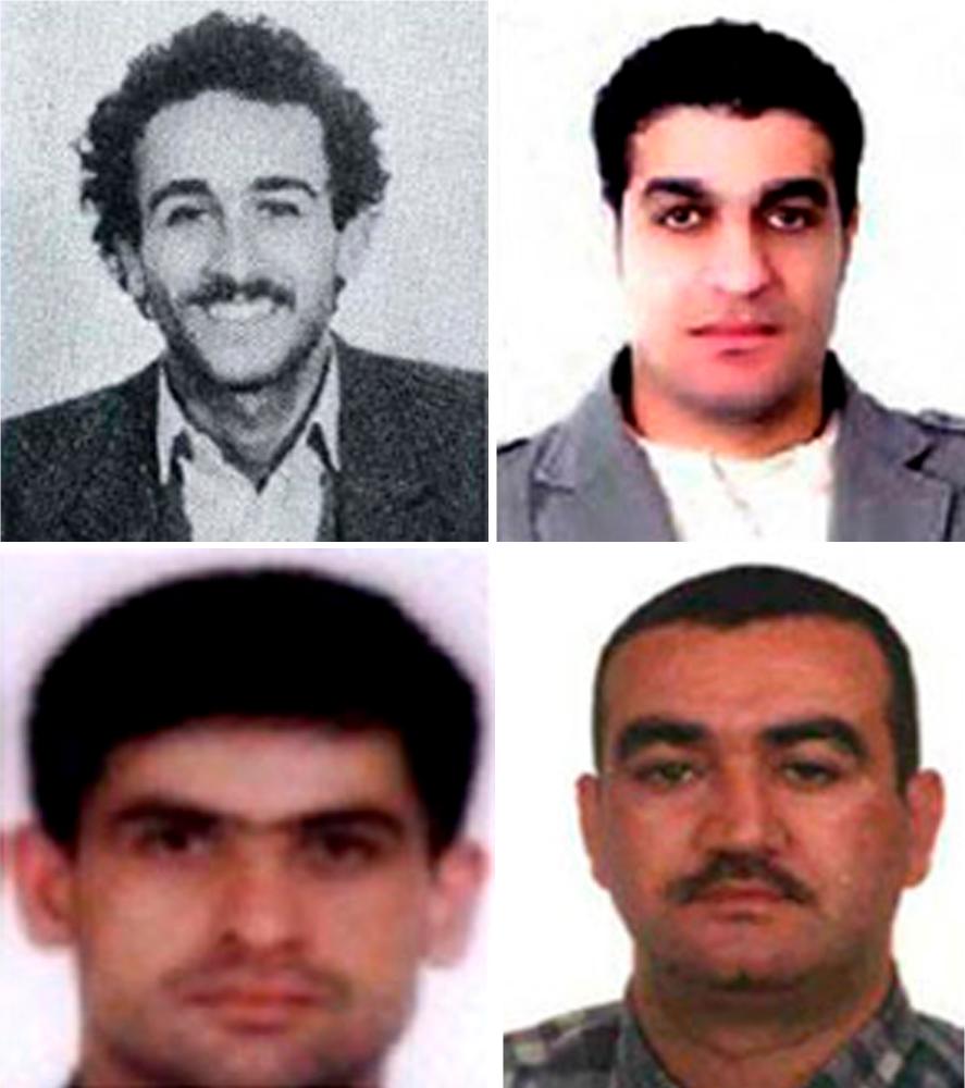 In this file photo obtained on July 29, 2011 from the Special Tribunal for Lebanon shows a combo of pictures showing four Hezbollah suspects indicted in the assassination case of former Lebanese prime minister Rafiq Hariri, (from top L-R) Mustafa Amine Badreddine, Assad Hassan Sabra, Hussein Hassan Oneissi and Salim Jamil Ayyash. — AFP