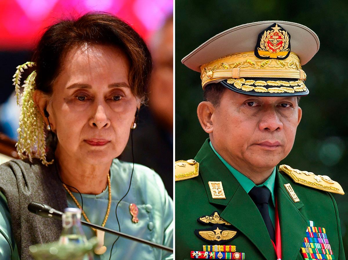 Myanmar’s deposed democratic leader Aung San Suu Kyi (L) and Myanmar military chief Senior General Min Aung Hlaing. AFPpix
