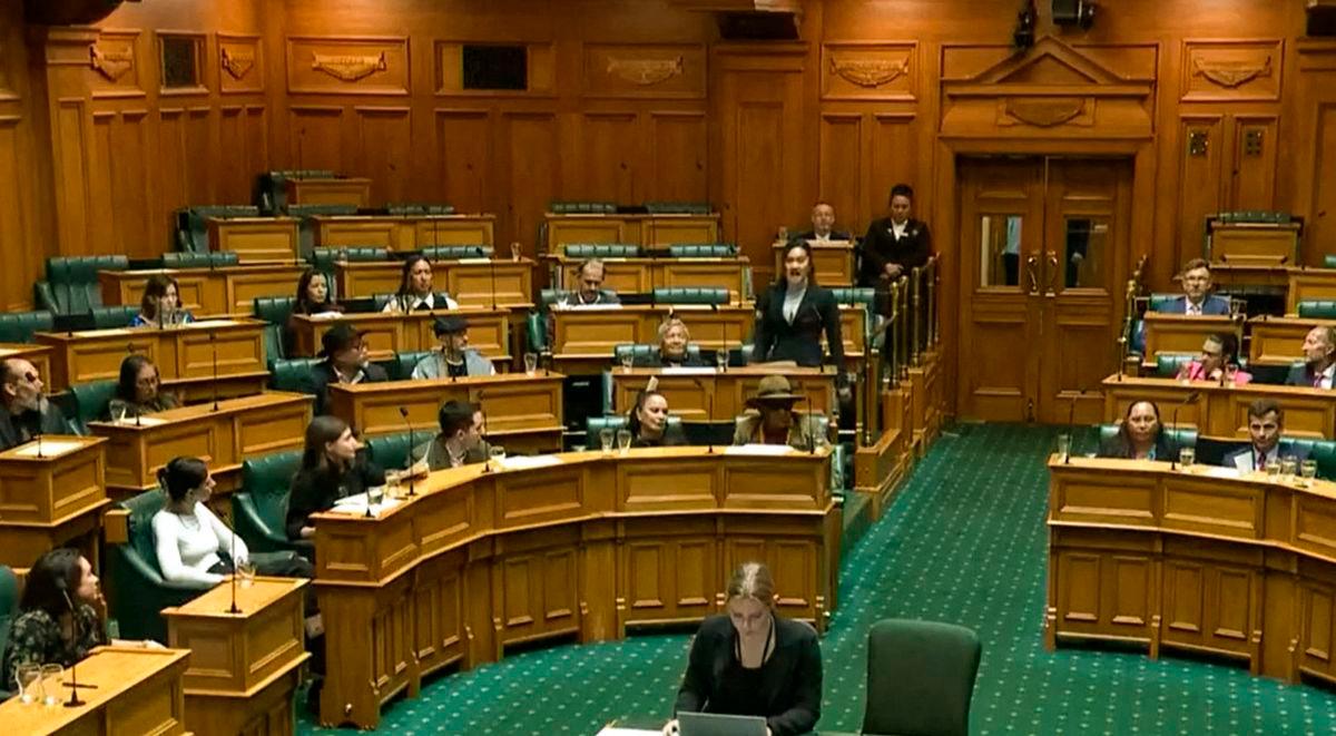 This frame grab shows Maori lawmaker Hana-Rawhiti Maipi-Clarke (C) standing up during a first reading of the Principles of the Treaty of Waitangi Bill and performing a Haka dance as she is joined by other opposition members.
