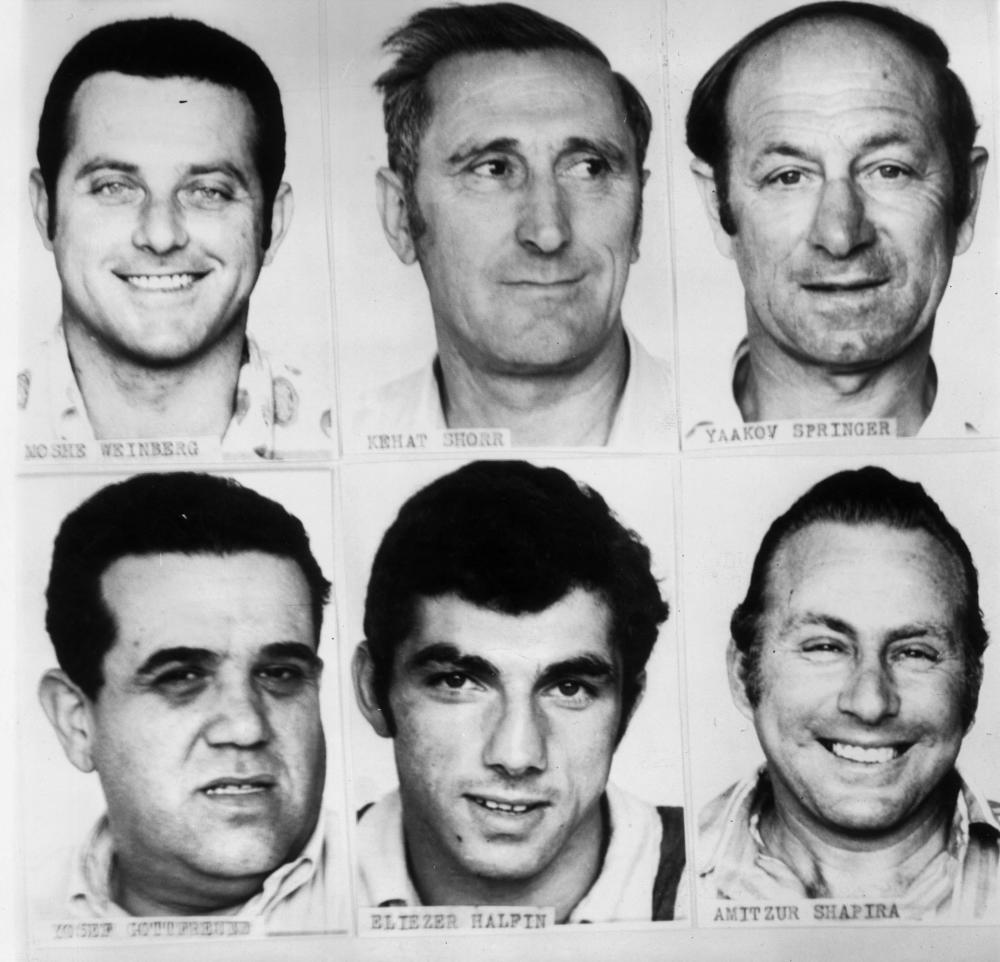 This file photo taken on September 5, 1972 shows portraits of six of the 11 Israeli Olympic team members who were killed in the Palestinian terrorist attack at the Summer Games, Munich, Germany on 1972, (top L-R) trainer Moshe Weinberg and officials Kehat Schur and Yakov Springer, (bottom (L-R) official Yosef Gottfreund, wrestler Eliezaar Halfen, and official Amitzur Shapira/AFPPix