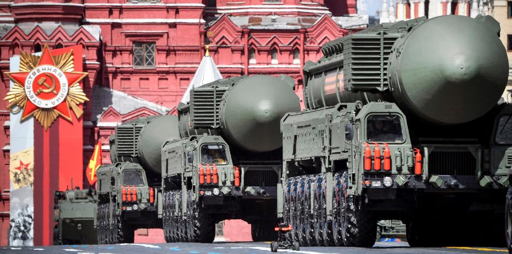 In this file photo taken on May 09, 2022 Russian Yars intercontinental ballistic missile launchers parade through Red Square during the Victory Day military parade in central Moscow on May 9, 2022. AFPPIX