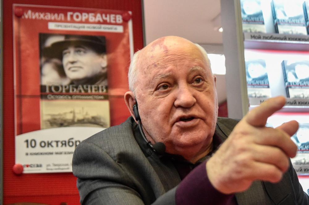 In this file photo taken on Oct 10, 2017 former head of the USSR Mikhail Gorbachev speaks during the presentation of his book I Remain an Optimist at a book store in Moscow. The last Soviet leader Mikhail Gorbachev issued on Feb 13, 2019 a stinging criticism of Washington, accusing it of misleading the world and seeking to gain militarily superiority at the expense of international security. — AFP