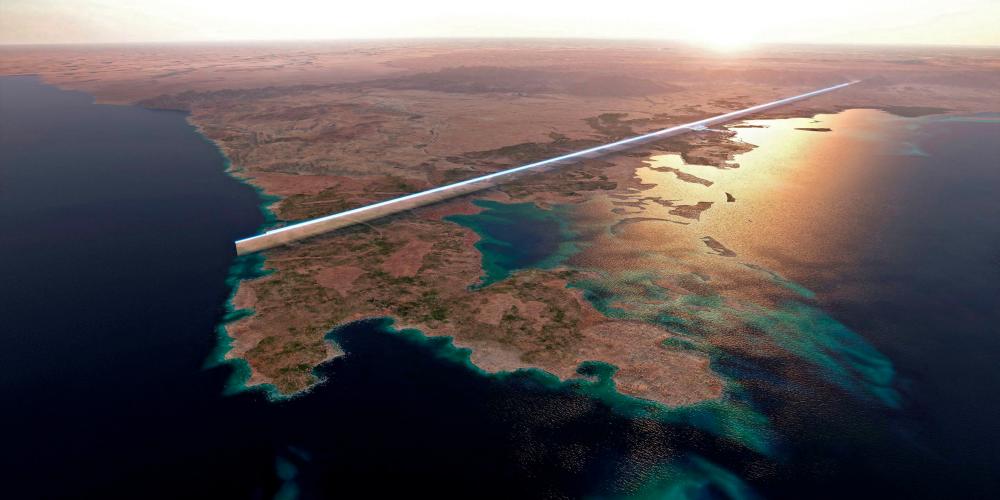 (FILES) This file handout photo provided by Saudi Arabia's NEOM on July 26, 2022 shows the design plan for the 500-metre tall parallel structures, known collectively as The Line, in the heart of the Red Sea megacity NEOM. - AFPPIX