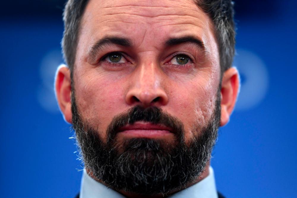 In this file photo taken on Nov 13, Leader of the Spanish far-right party Vox, Santiago Abascal gives a press conference in Madrid. — AFP