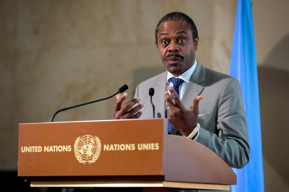 In this file photo taken on July 15, 2019 DR Congo’s Health Minister Oly Ilunga gestures as he speaks during a press conference following a meeting hold by the United Nations on the Ebola disease in Democratic Republic of Congo, in Geneva. — AFP