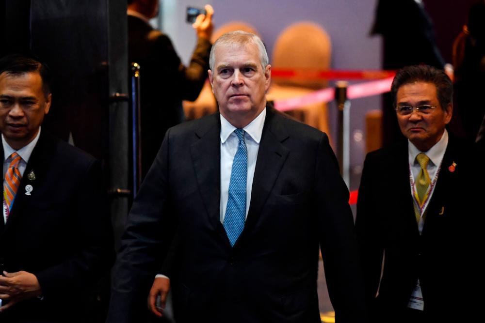In this file photo taken on Nov 3, 2019, Britain's Prince Andrew, Duke of York arrives for the Asean Business and Investment Summit in Bangkok. — AFP