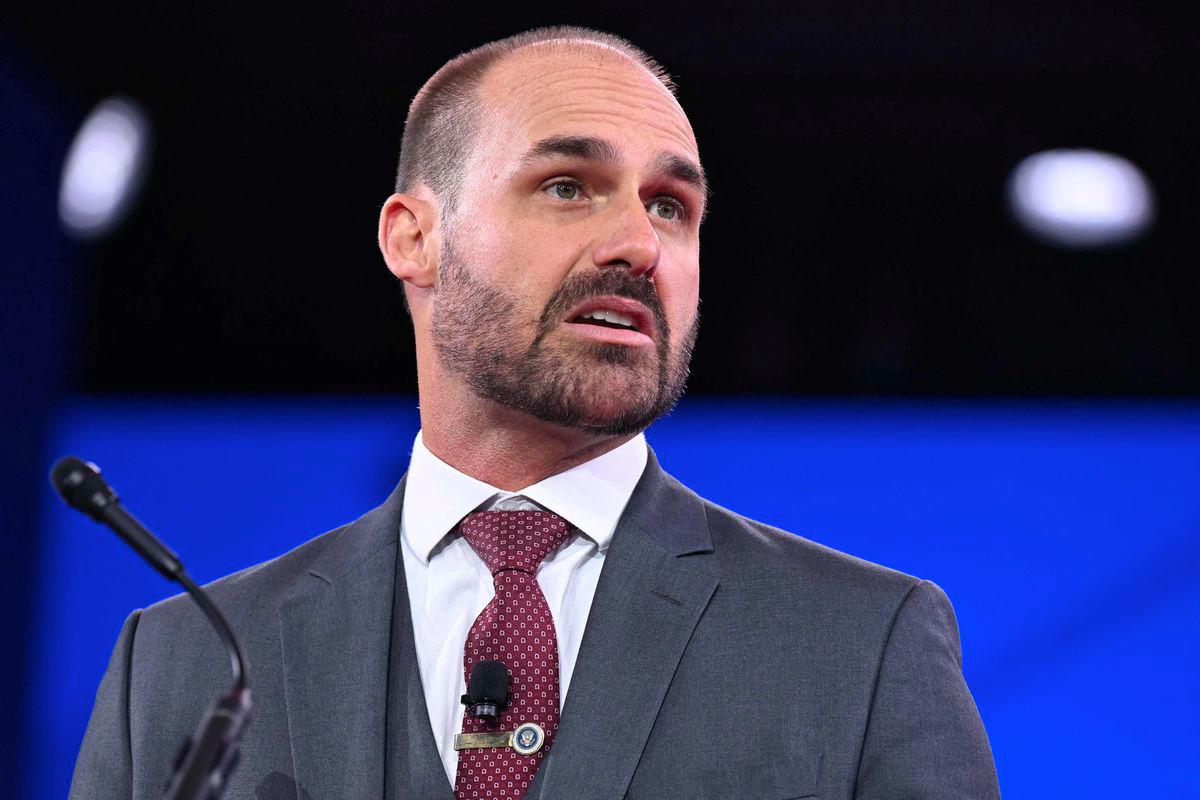 Brazilian politician Eduardo Bolsonaro, son of Jair Bolsonaro, speaks during the annual Conservative Political Action Conference (CPAC) at the Gaylord National Resort &amp; Convention Center at National Harbor in Oxon Hill, Maryland, on February 20, 2025. - AFPPIX