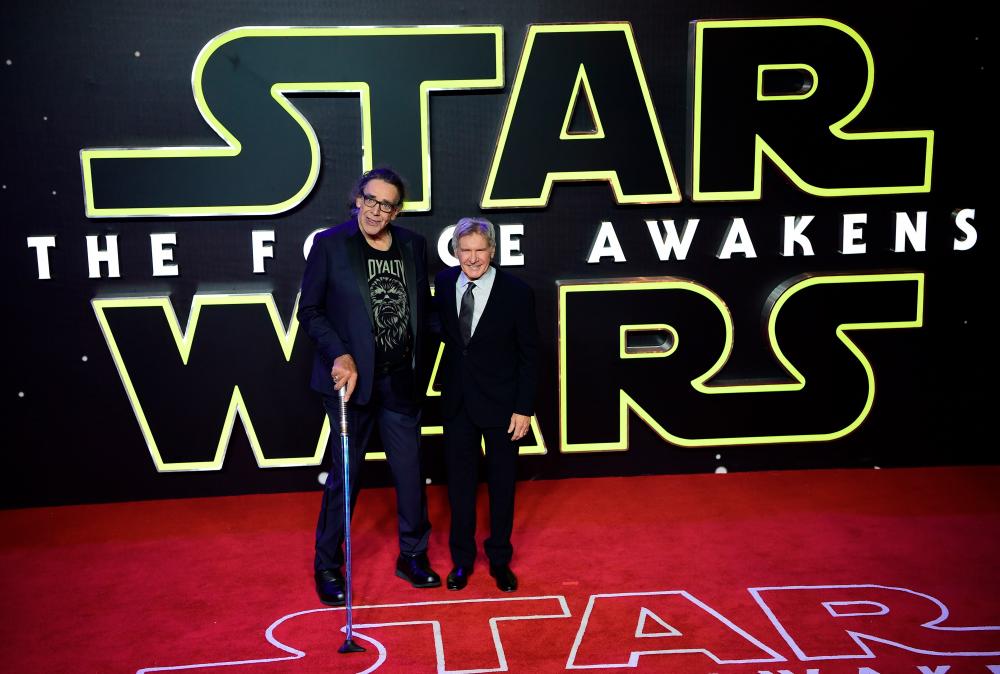 In this file photo taken on December 16, 2015 british actor Peter Mayhew (L) and US actor Harrison Ford attend the opening of the European Premiere of “Star Wars: The Force Awakens” in central London on December 16, 2015.