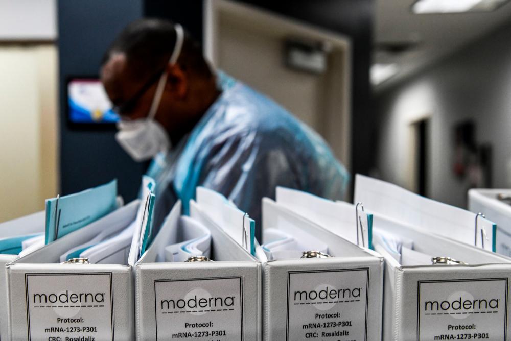 In this file photo taken on Aug 13, 2020, Biotechnology company Moderna protocol files for Covid-19 vaccinations are kept at the Research Centers of America in Hollywood, Florida. — AFP