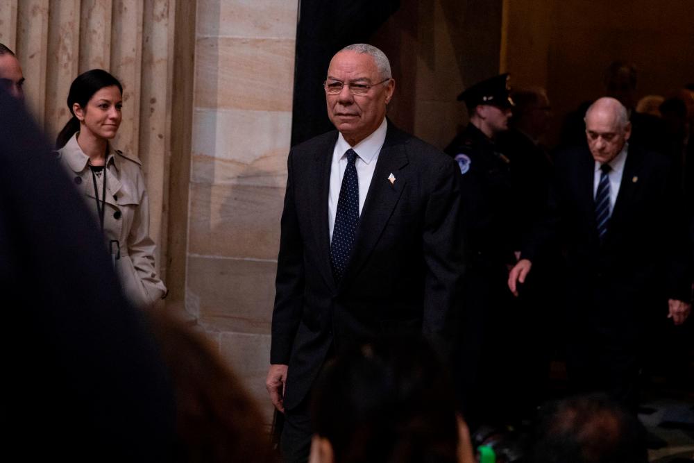 In this file photo taken on December 4, 2018, Former US Secretary of State Colin Powell arrives to pay his respects as the remains of former US President George H. W. Bush lie in state at the US Capitol rotunda in Washington, DC. AFPpix