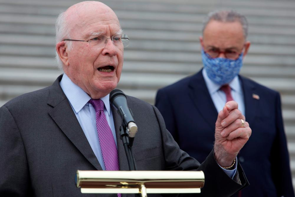 FILES) In this file photo taken on October 22, 2020, US Senator Patrick Leahy, Democrat of Vermont, speaks during a news conference in front of the US Capitol in Washington, DC. AFP / GETTY IMAGES NORTH AMERICA / ALEX WONG