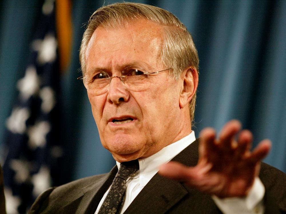 (FILES) In this file photo taken on May 04, 2004 US Secretary of Defense Donald Rumsfeld addresses a press conference at the Pentagon. Former US defense secretary Donald Rumsfeld, who led the nation into war in Afghanistan and Iraq during the presidency of George W Bush, has died at the age of 88 in New Mexico, his family announced June 30, 2021. – AFP