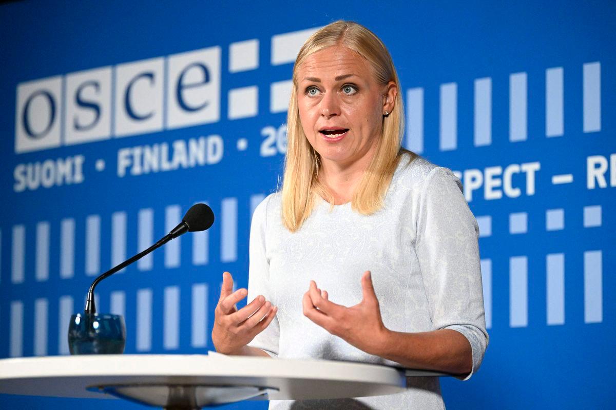 Finland’s Minister for Foreign Affairs Elina Valtonen delivers a press conference during the Helsinki +50 Conference, marking the 50th anniversary of the Helsinki Final Act in Helsinki, on July 31, 2025. (Photo by Mikko Stig / LEHTIKUVA / AFP)