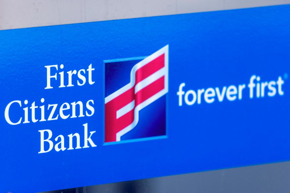 A view of First Citizens Bank’s sign and logo. Shares of First Citizens soared 53.7% on Monday.– Reuterspic