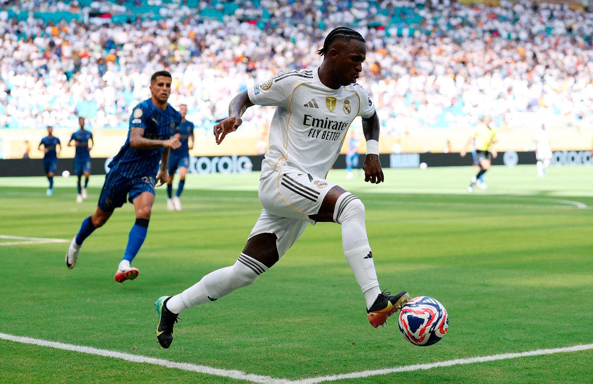 Vinicius Junior #7 of Real Madrid C.F. during the FIFA Club World Cup 2025 group H match between Real Madrid CF and Al Hilal at Hard Rock Stadium on June 18, 2025 in Miami Gardens, Florida.