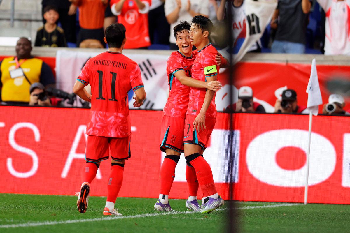 Heungmin Son #7 of Korea Republic celebrates his first half goal against the United States during an International Friendly at Sports Illustrated Stadium on September 06, 2025 in Harrison, New Jersey. - Mike Stobe / GETTY IMAGES NORTH AMERICA / AFP